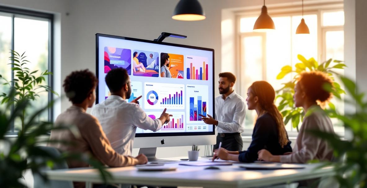 Diverse team collaborates on digital marketing project with multimedia on screen.