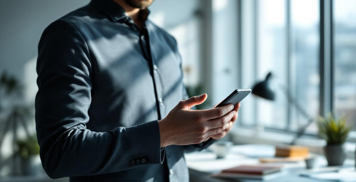 Business professional analyzing mobile web metrics on a smartphone in a modern office.