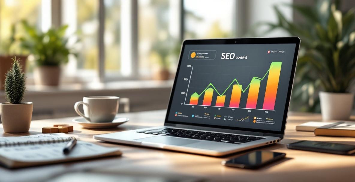Desk with laptop showing rising graph, notepad, coffee cup, and phone with notifications, symbolizing SEO content creation.