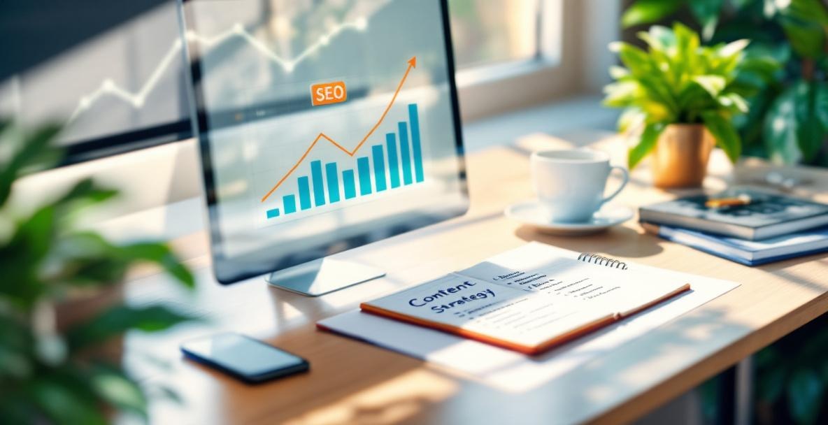 Modern office desk with computer showing SEO graph, notebook, smartphone, and coffee.