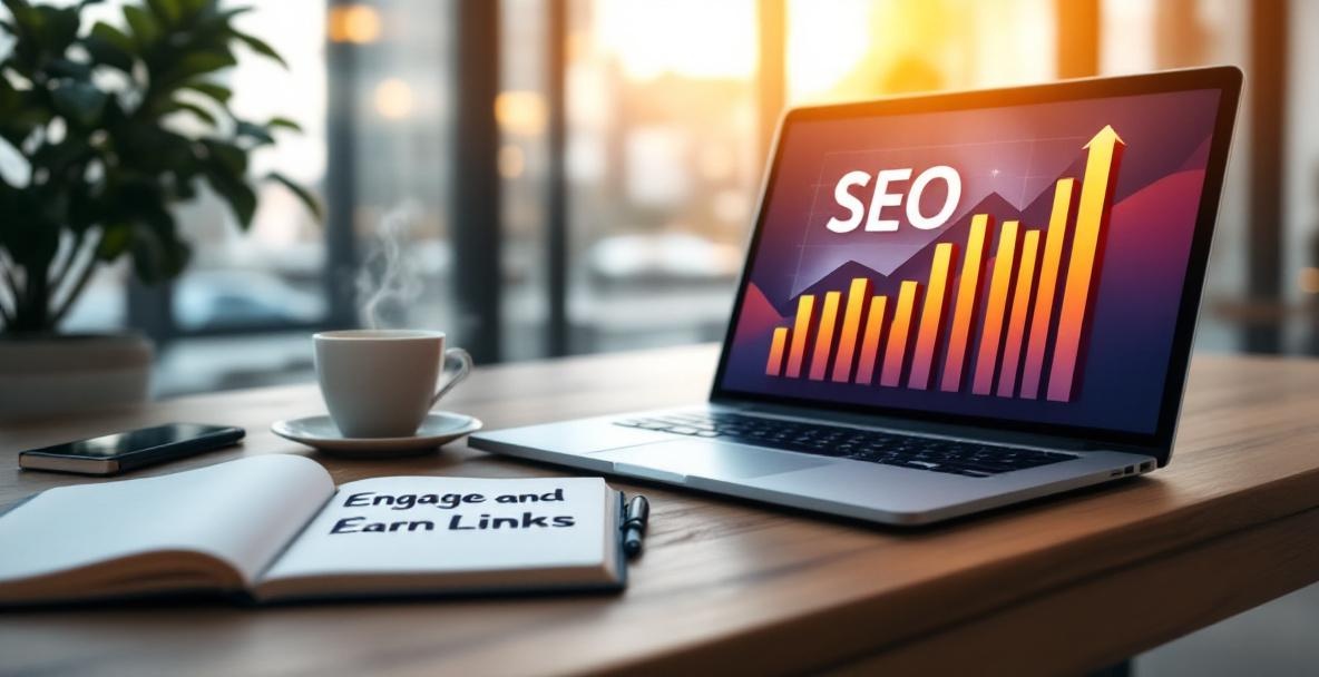 Modern workspace with laptop showing growth graph, notebook saying 'Engage and Earn Links', and coffee on desk.