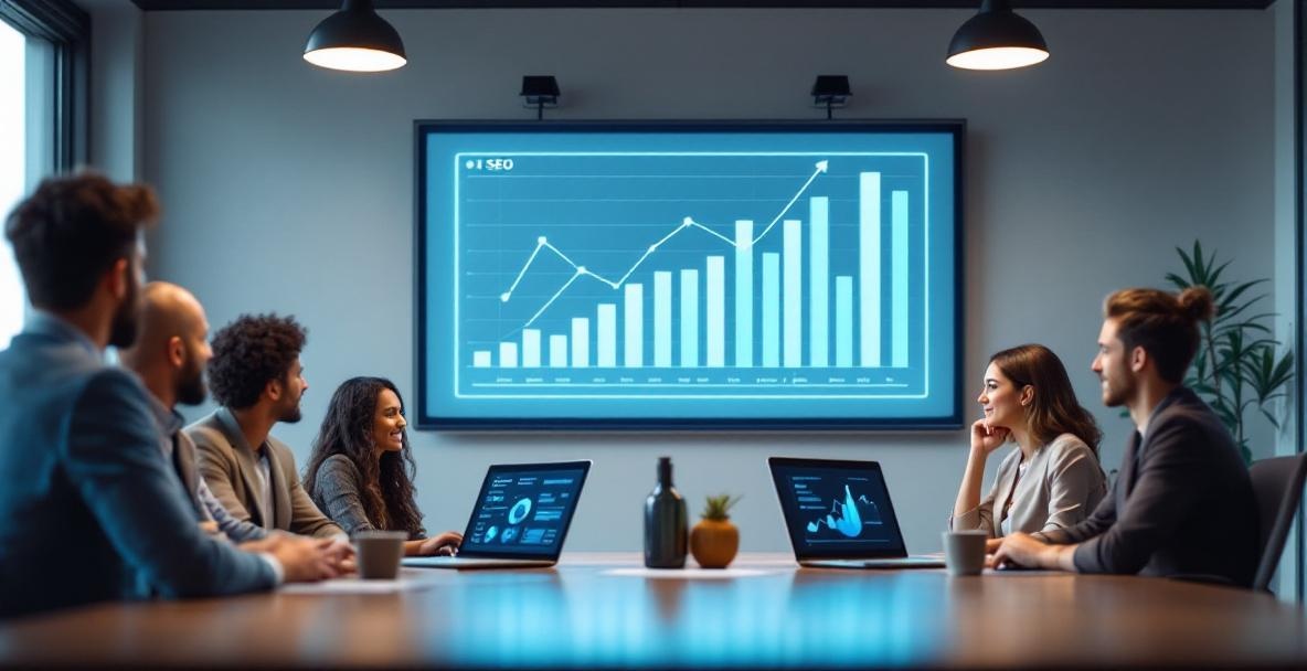 Business meeting with professionals discussing SEO metrics on laptops and screen.