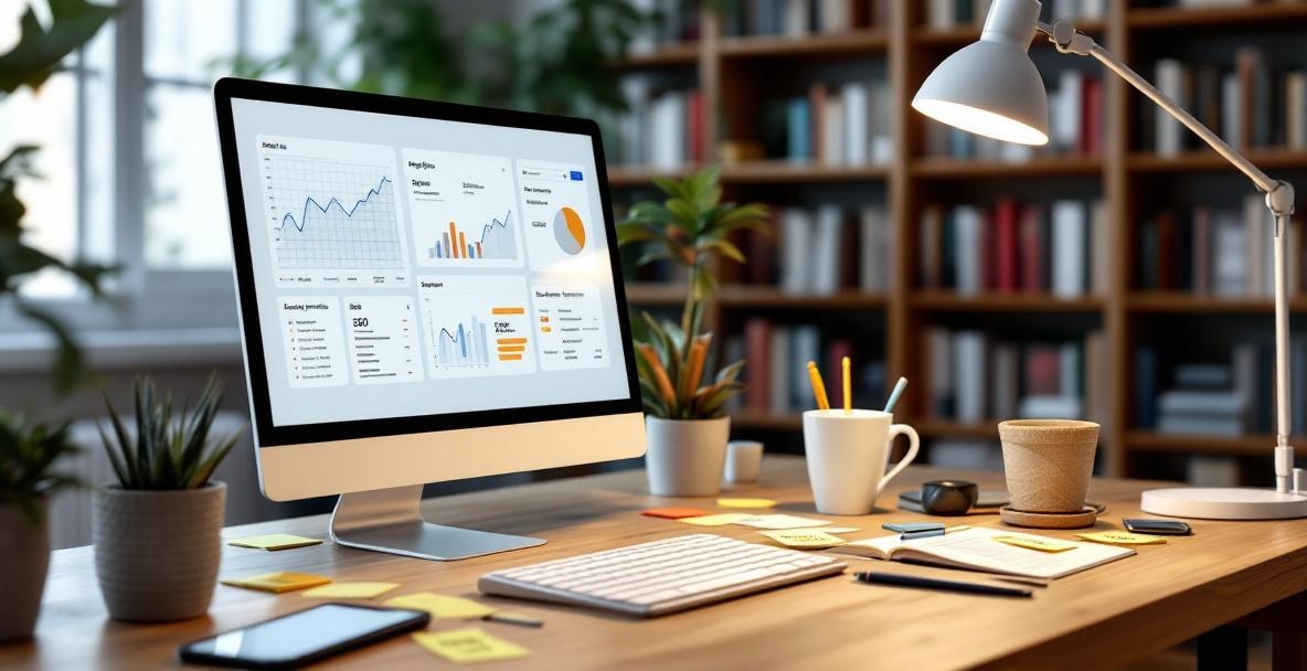 Workspace of a content creator with SEO tools like an analytics dashboard and strategy notes.