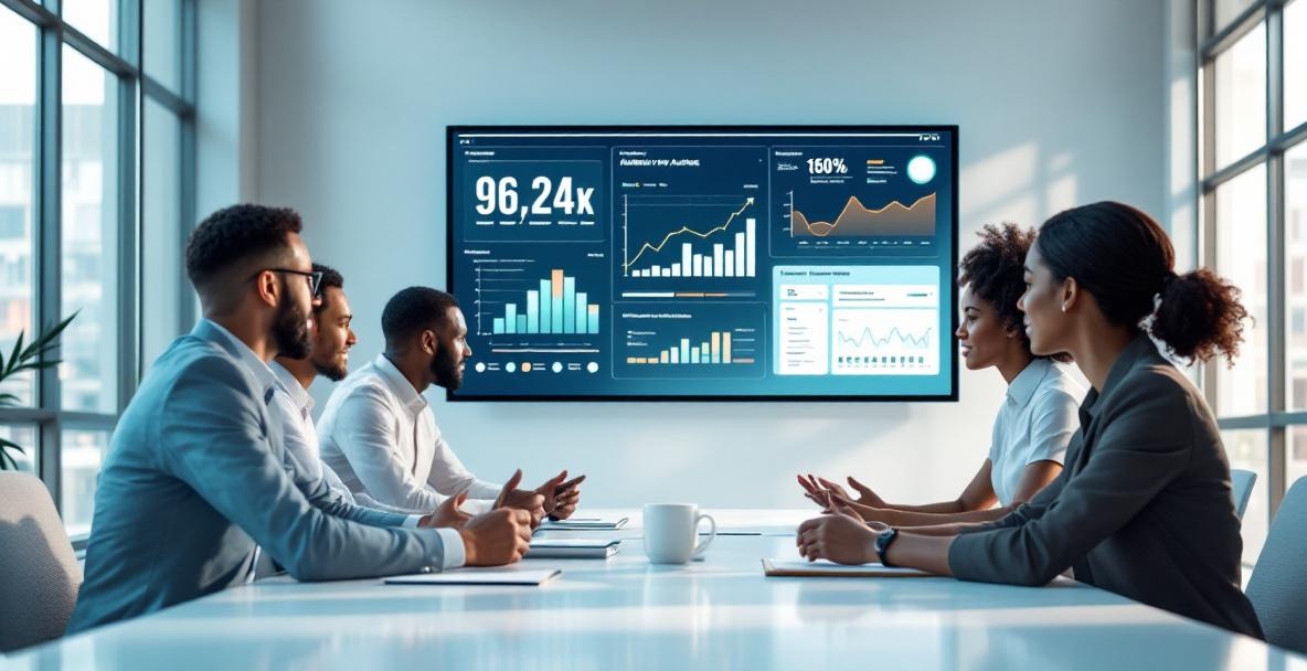 Diverse business professionals discussing audience analytics in a modern office.