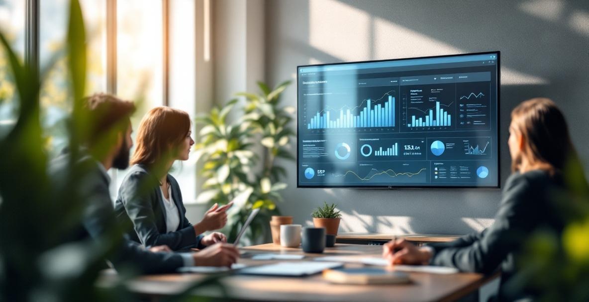 Professionals collaborate on data analytics at a modern workspace with a digital screen showing CRO graphs.