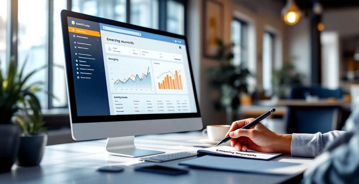 Modern workspace with a dashboard showing upward trends, a notepad labeled 'Emerging Keywords', sunlight-filled office.