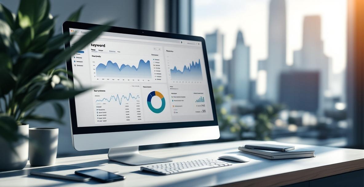 Modern workspace with a computer displaying SEO keyword trend graphs, notepad, smartphone, and cityscape view.