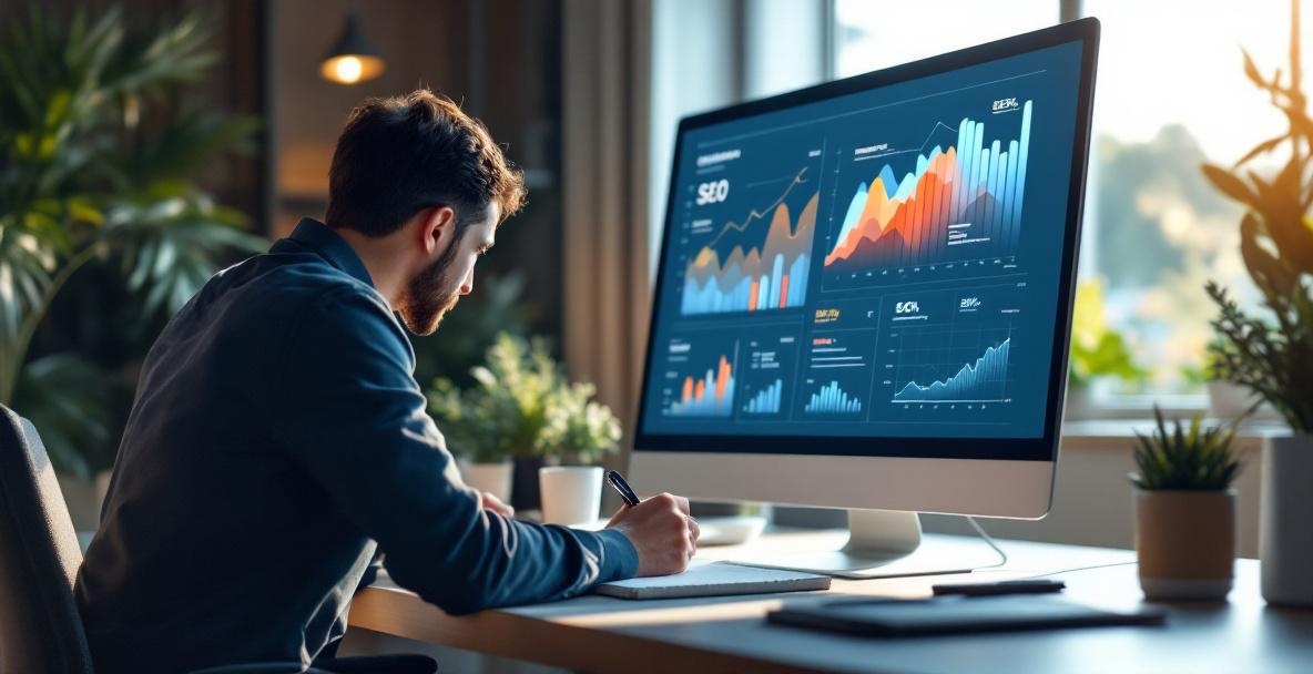 Digital marketing professional analyzing SEO data on a large monitor with graphs and charts.