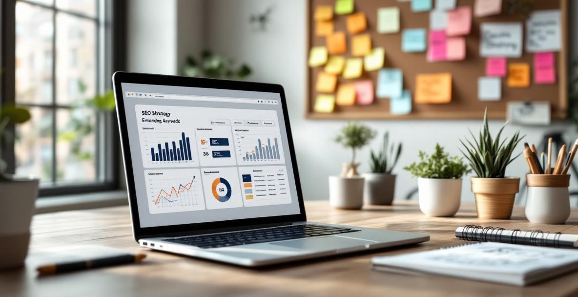 SEO-focused office desk with laptop showing keyword analysis tools and notes on emerging keywords.