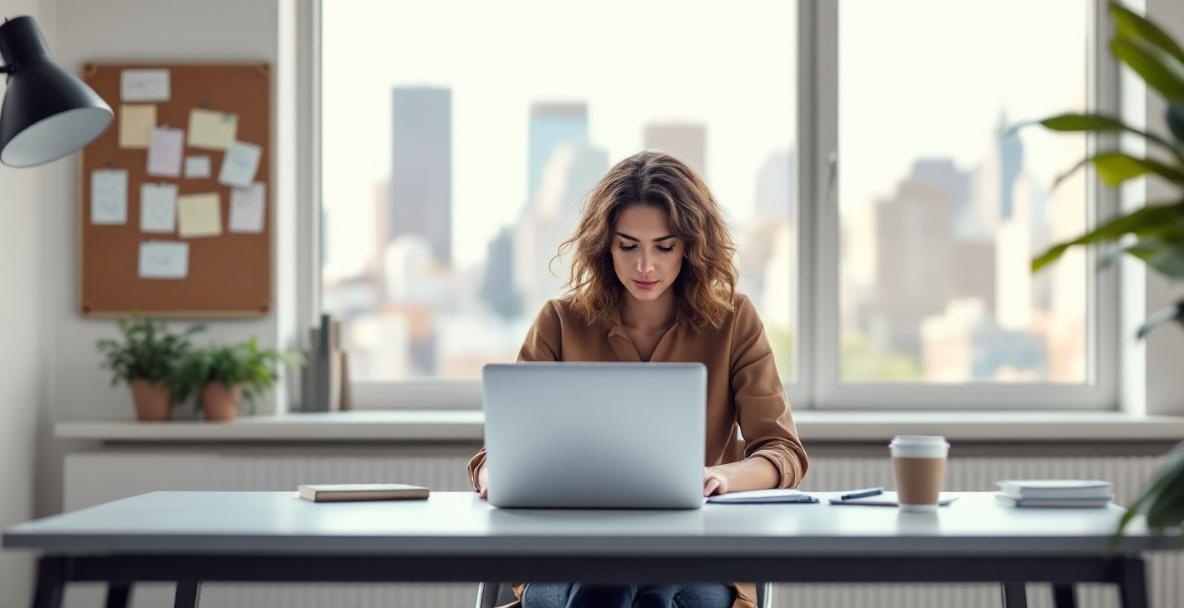 Writer at a sleek desk typing on a laptop in a bright, minimalist office with a city view.
