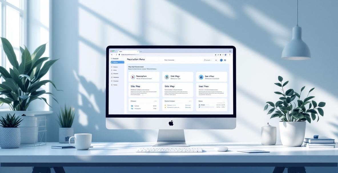 Minimalistic website dashboard on monitor showing navigation elements in an office setting.