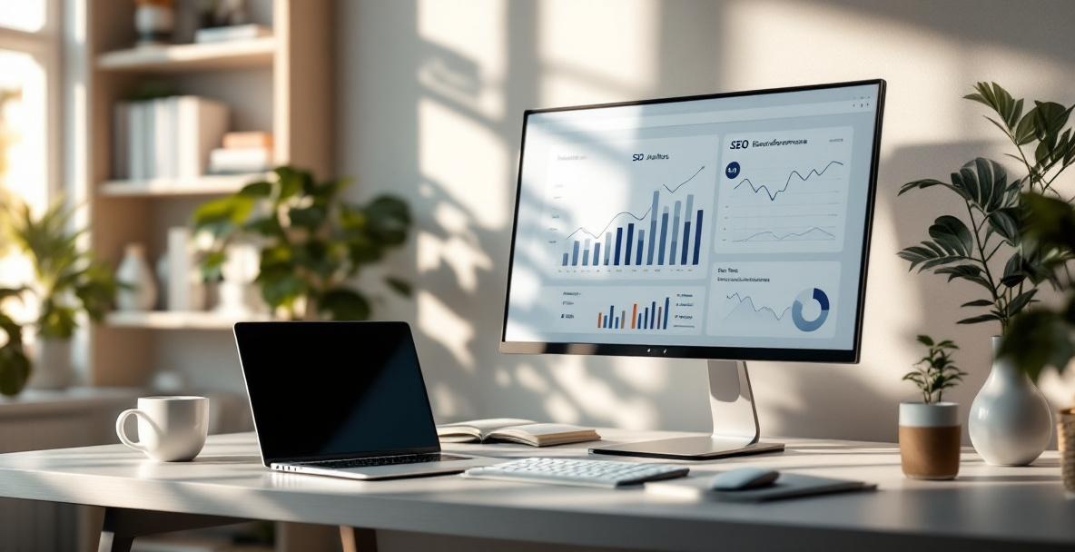 Modern home office with a minimalist desk, monitor showing analytics, and a laptop.