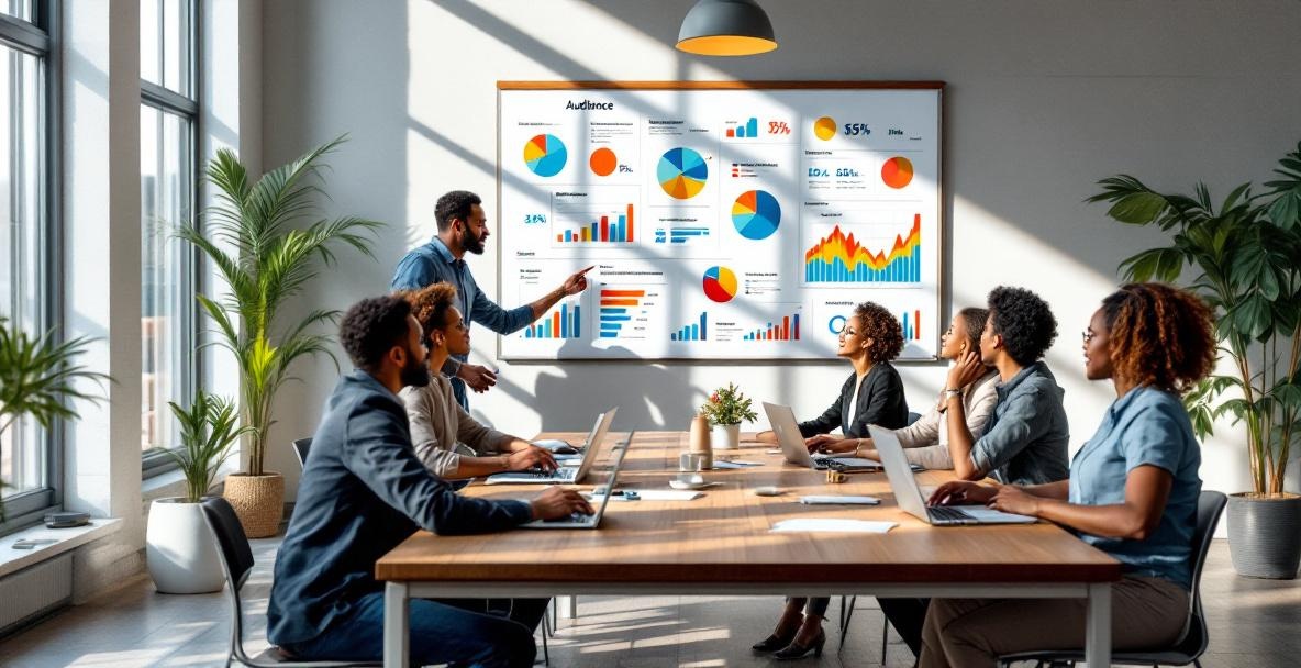 Diverse professionals brainstorming with charts in a modern office.