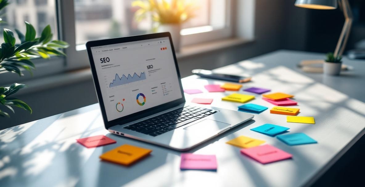 Topic cluster model on a desk with laptop and color-coded sticky notes in a sunlit office.