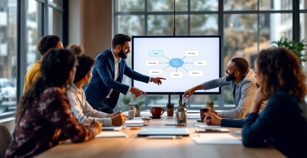 Diverse team collaborates around a table with a digital flowchart of a topic cluster model.
