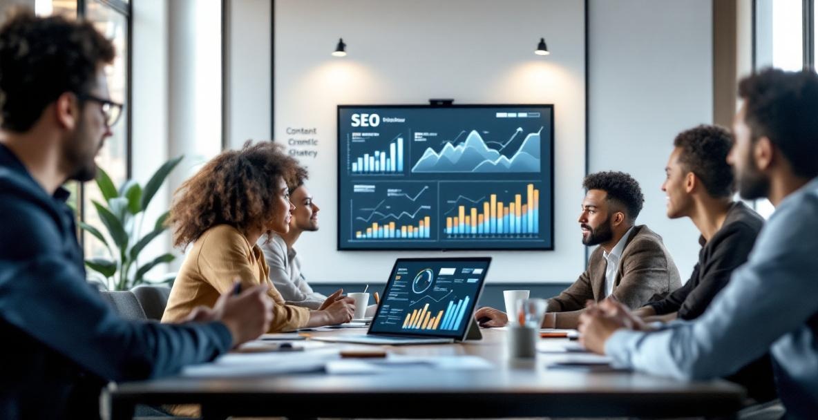 Diverse group of professionals analyzing data in a modern meeting room with focus on web traffic growth.