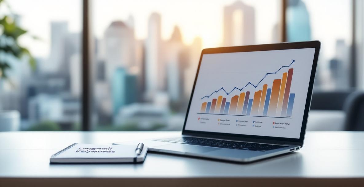 Laptop on desk displaying rising graph with 'Long-Tail Keywords' notepad in a modern office.