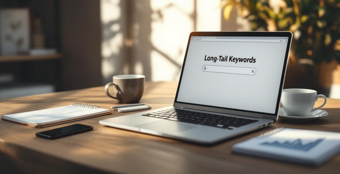 Workspace with a laptop showing 'Long-Tail Keywords' and a phone displaying an upward graph.