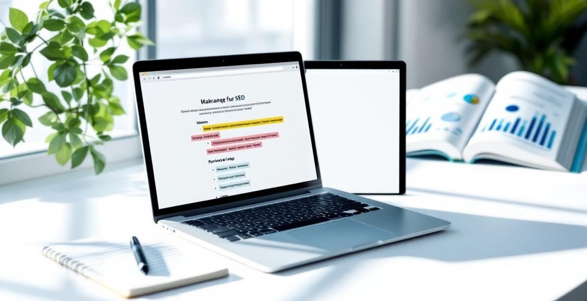 Modern workspace with laptop, notes, and SEO-focused materials.