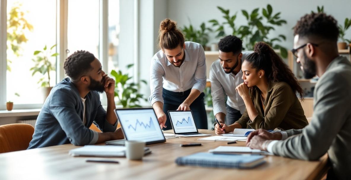 Professionals analyze data in a modern office, focusing on successful long-tail keyword performance.