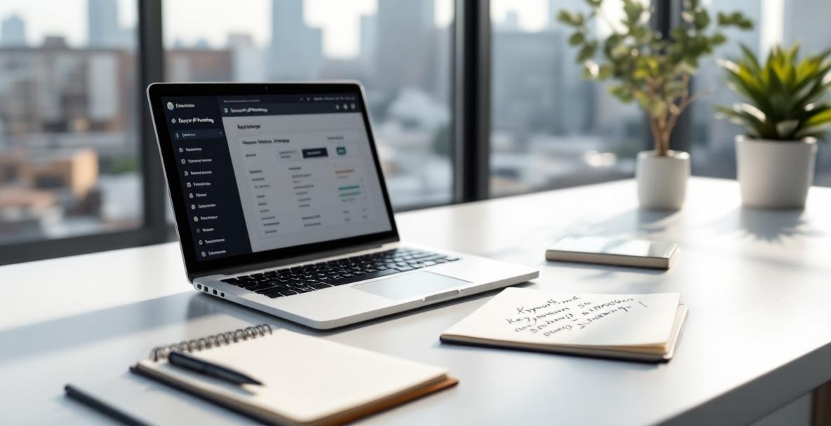 Office desk with laptop showing keyword planner, notebook with notes, and cityscape view.