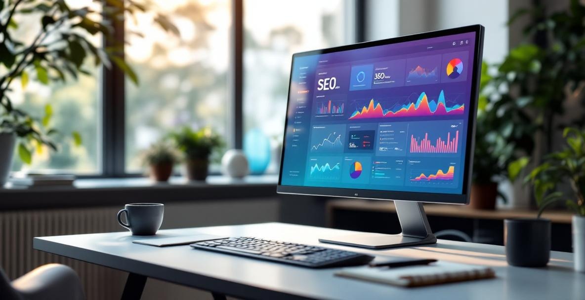 Modern office desk with a monitor displaying an SEO dashboard and a notepad emphasizing strategy adjustments.