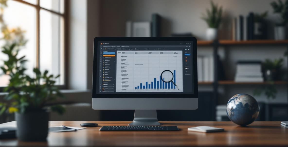 Modern office workspace with computer displaying keyword analysis spreadsheet and magnifying glass nearby.