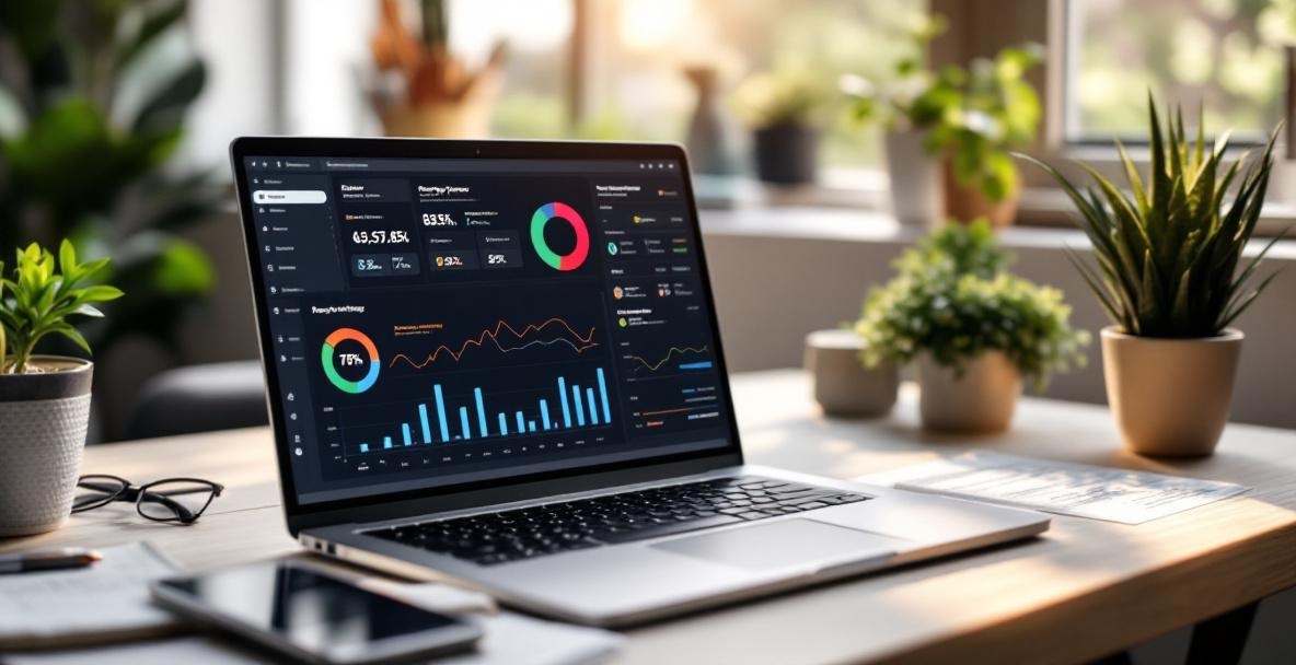 Modern workspace with laptop displaying analytics, smartphone, notepad, and plant in soft natural light.