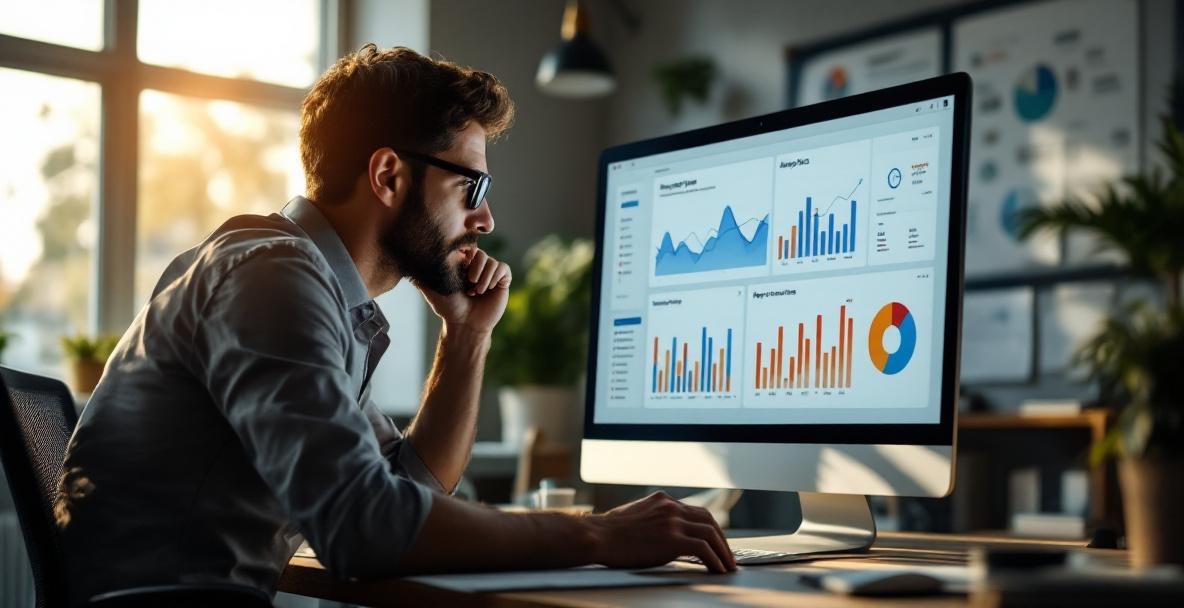 Office with computer showing analytics and focused professional analyzing data.