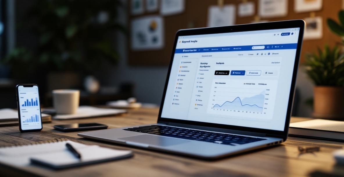 Workspace with laptop showing keyword analysis tool, notepad, smartphone with graphs, and corkboard in background.