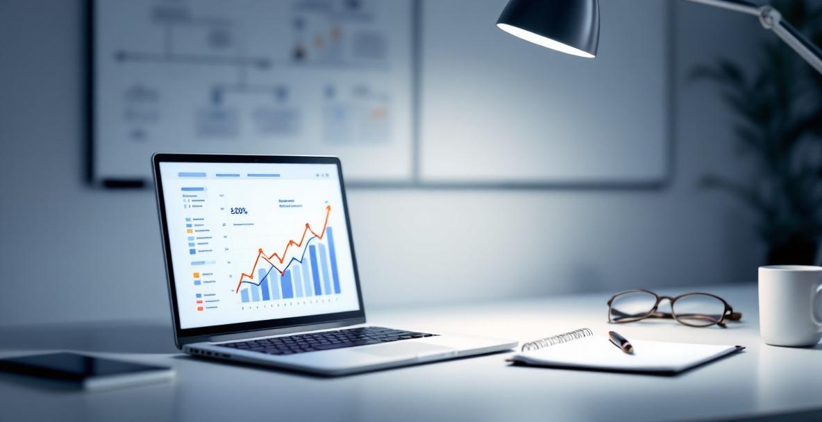 Modern workspace with laptop showing analytics and notepad with keywords.