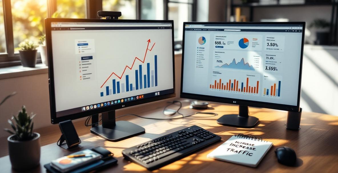 Dual-screen desktop with analytics and SEO notes in a sunlit office.