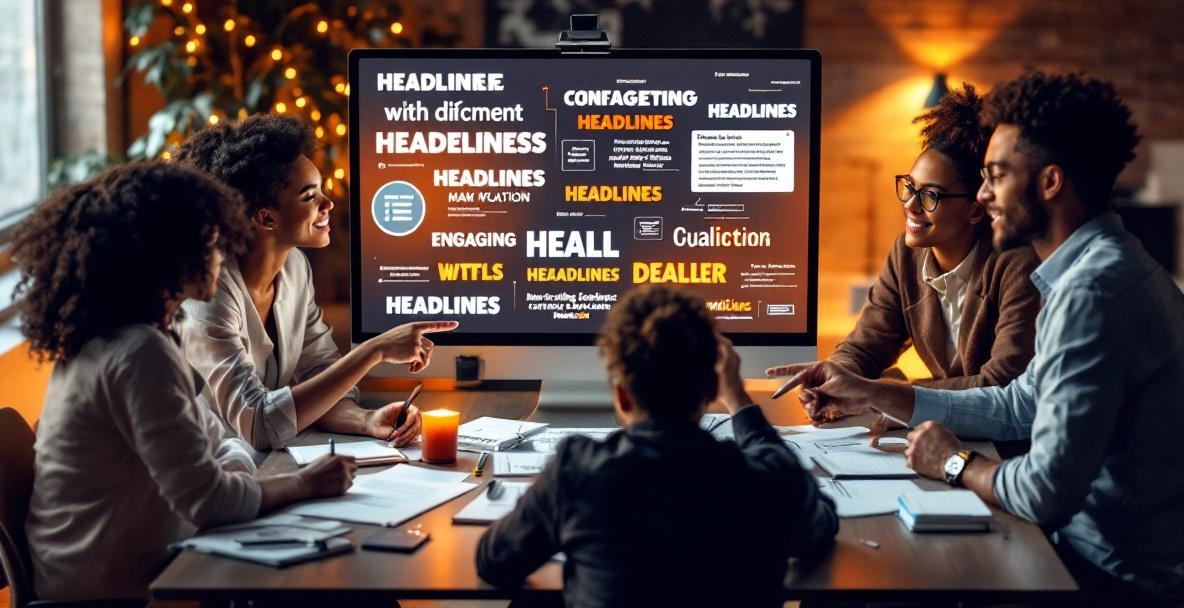 Diverse professionals collaborating on headline drafts around a workspace.