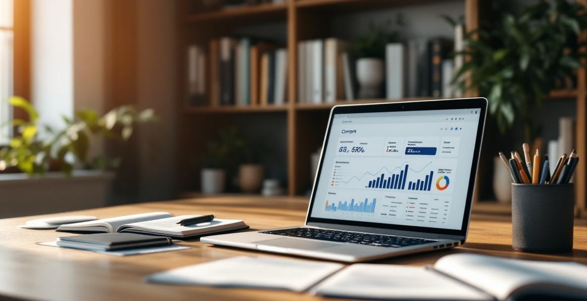 Modern workspace with a laptop displaying website analytics, surrounded by notebooks and a bookshelf.