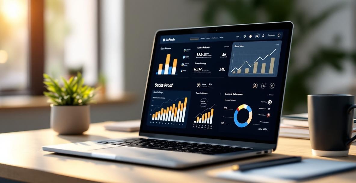 Laptop displaying a digital dashboard with growth stats and trust icons in a minimalist office.