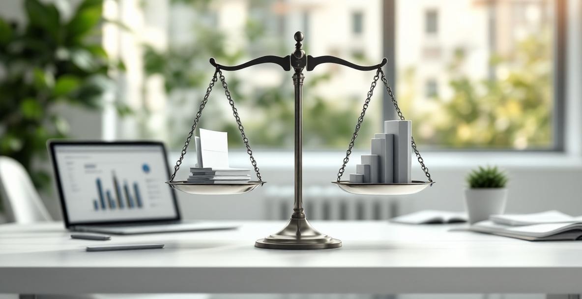 A balanced scale symbolizing quality vs. quantity in SEO with a modern office backdrop.