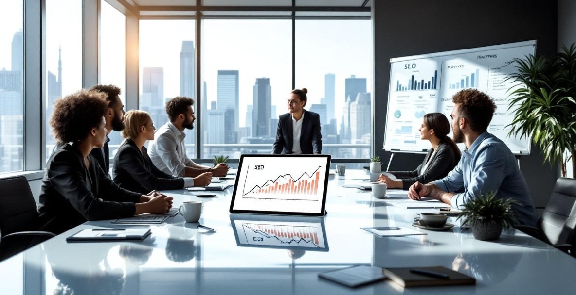 Diverse team collaborates around a table with SEO metrics displayed on a tablet.