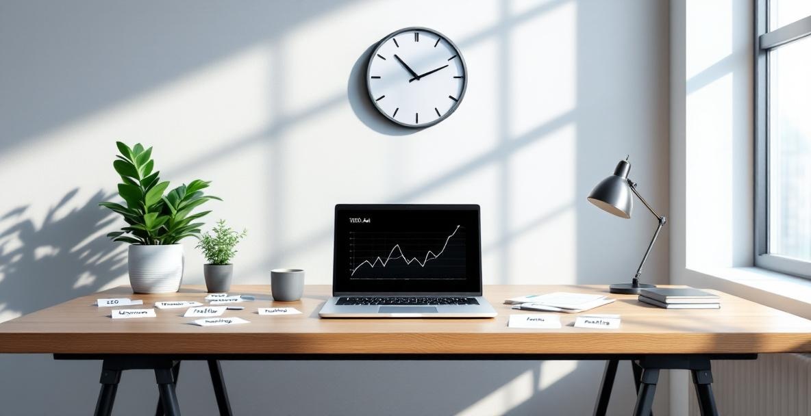 Modern office with a desk, laptop displaying a graph, index cards labeled with SEO terms, and a potted plant.