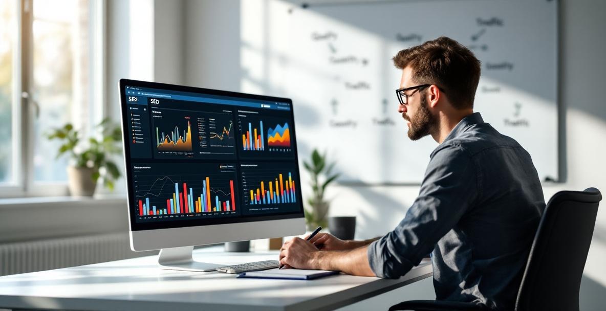 Person analyzes SEO data on a large screen in a modern office.