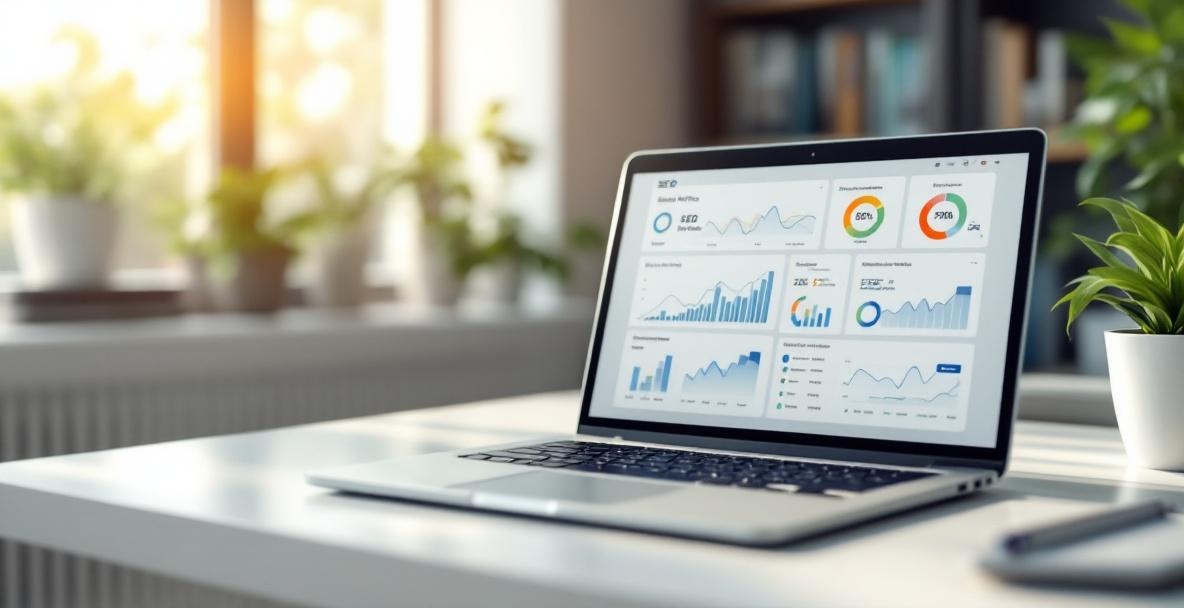 Modern office with a laptop displaying SEO metrics on a desk, symbolizing analytics and automation.
