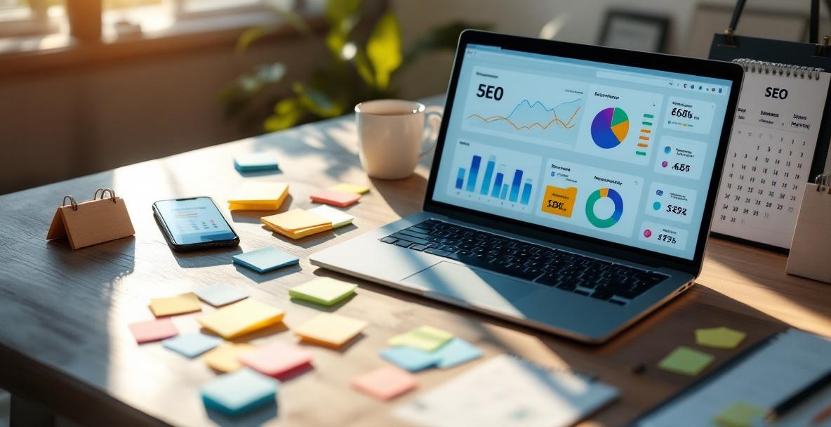 Modern workspace showing SEO analytics on a laptop and smartphone with sticky notes and a minimalist calendar.