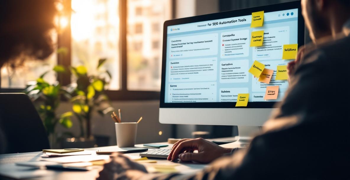 Office scene with a screen displaying SEO automation pitfalls and sticky notes showing errors and solutions.