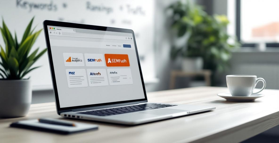 Office desk with a laptop showing SEO tools, notebook, coffee, and a whiteboard with SEO terms.