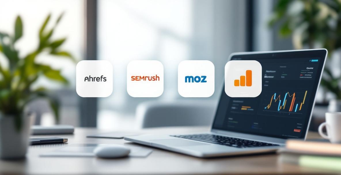 Image of popular SEO tools: Ahrefs, SEMrush, Moz, and Google Analytics logos on a desk with a laptop.