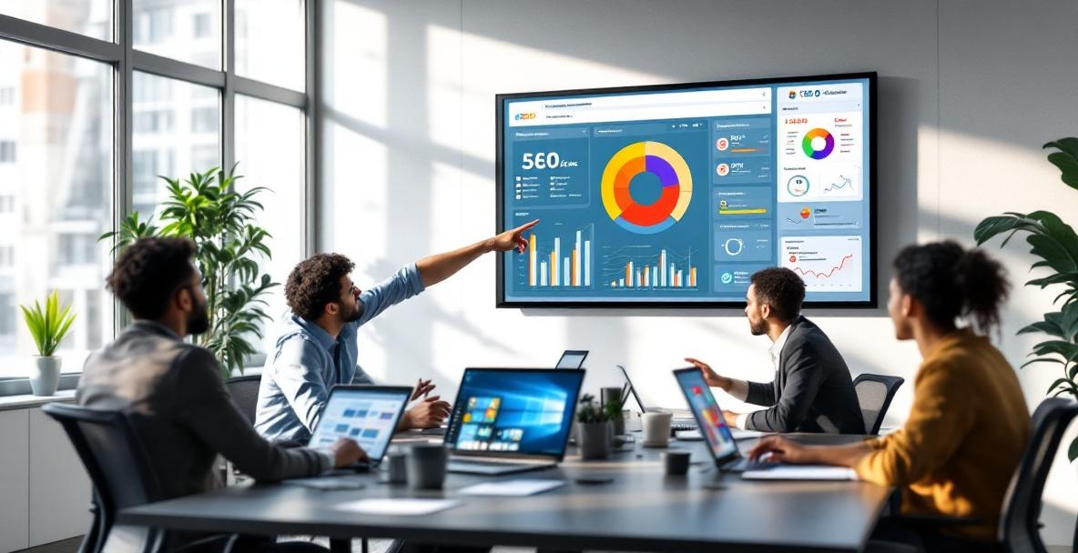 Team of professionals evaluating SEO tools in a modern office setting.