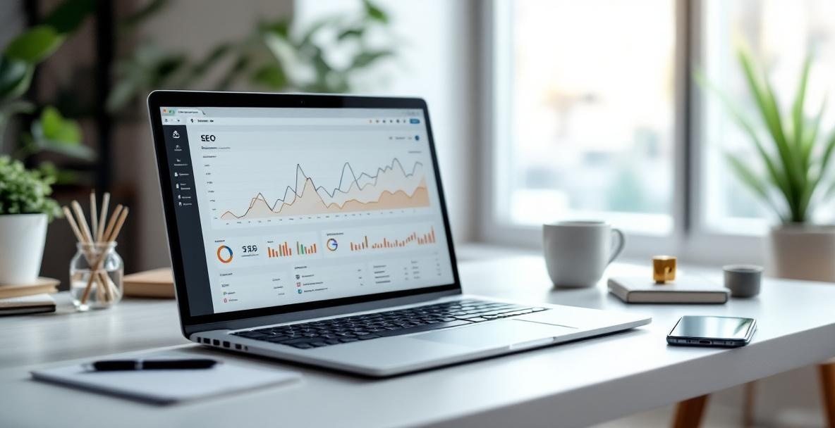 Modern workspace with laptop showing SEO audit tools, surrounded by a notepad and smartphone.