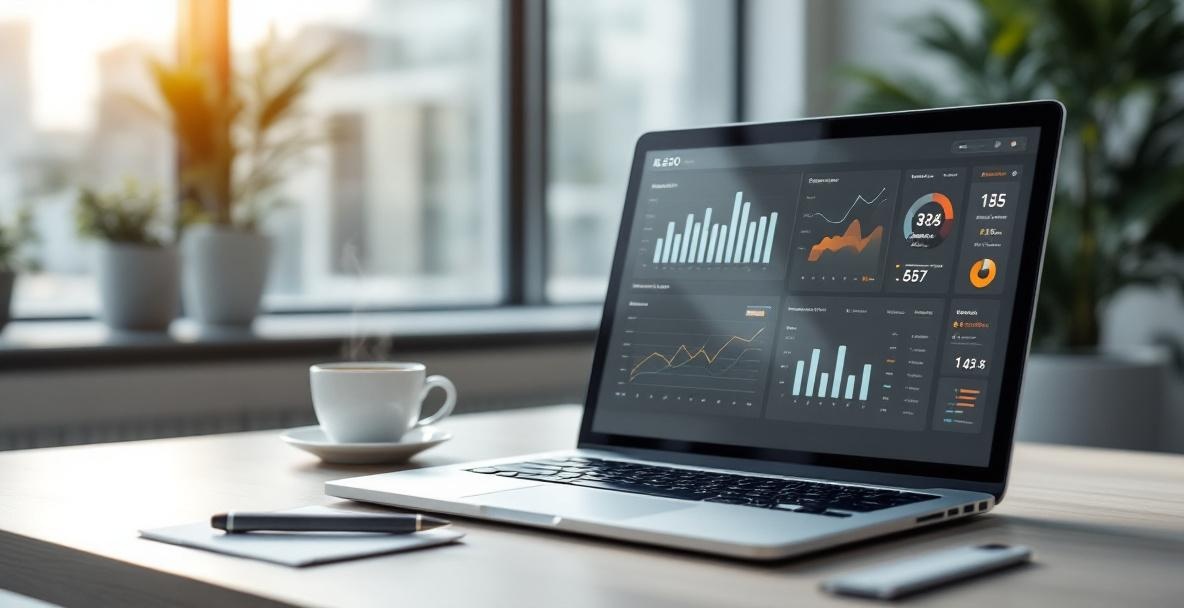 Modern workspace with laptop showing SEO analytics, notepad, coffee, and sunlight.