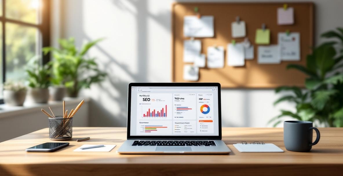 Minimalist workspace with laptop on SEO dashboard, tech gadgets, and corkboard with notes in sunlight.