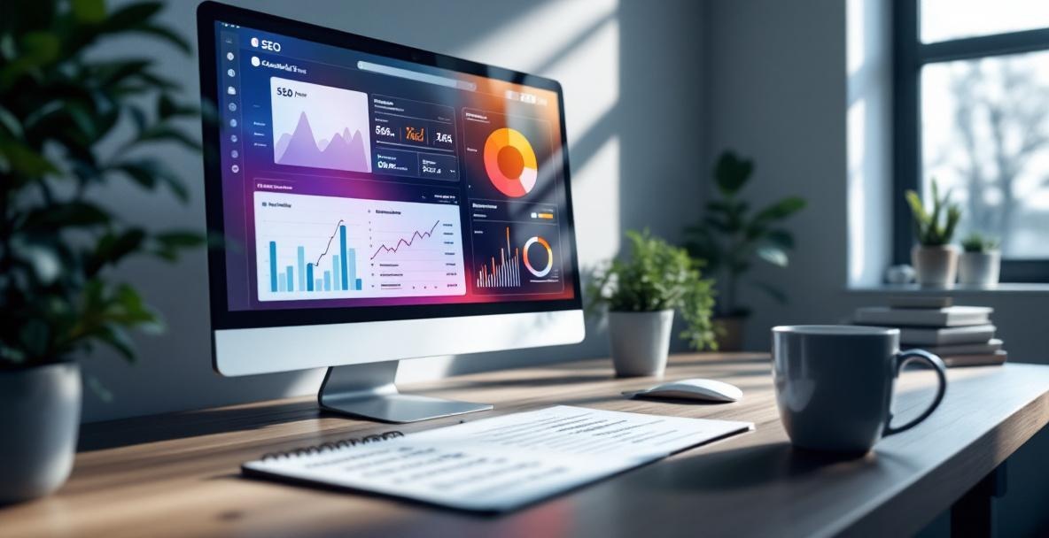 Modern workspace with SEO dashboard, checklist, and coffee, under natural light.
