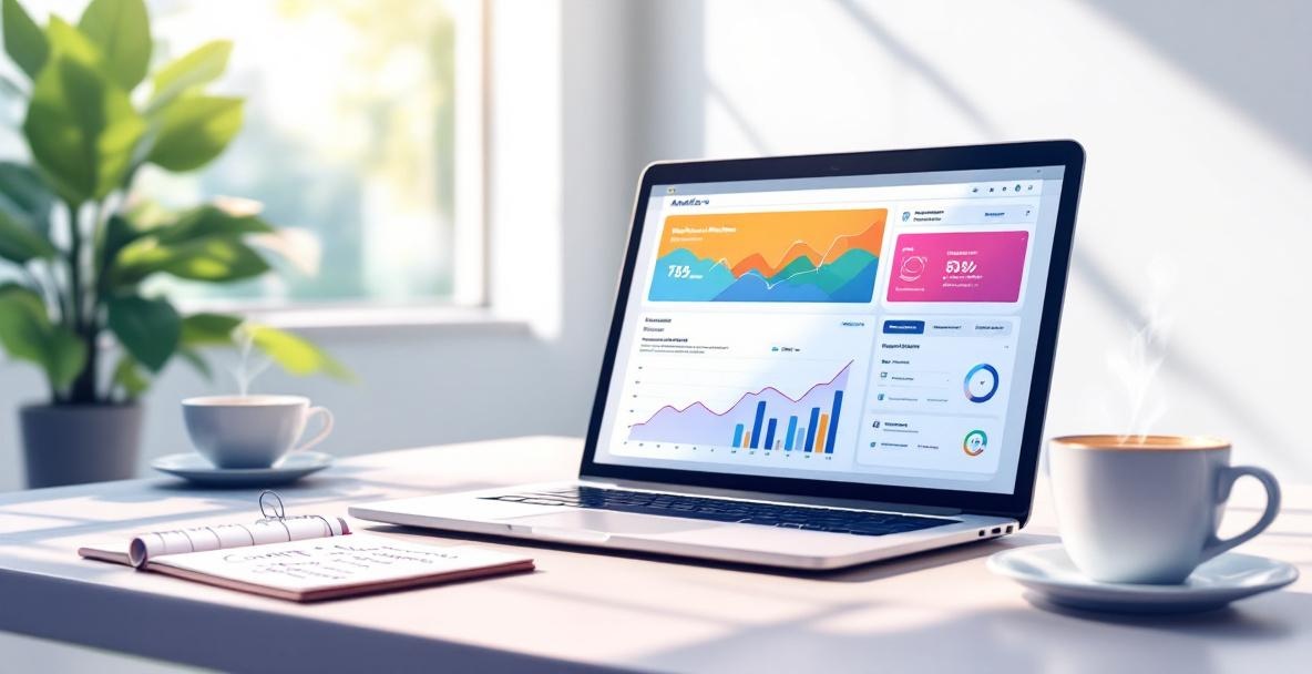 Modern workspace with a laptop showing upward trends on a dashboard, notes, and coffee.